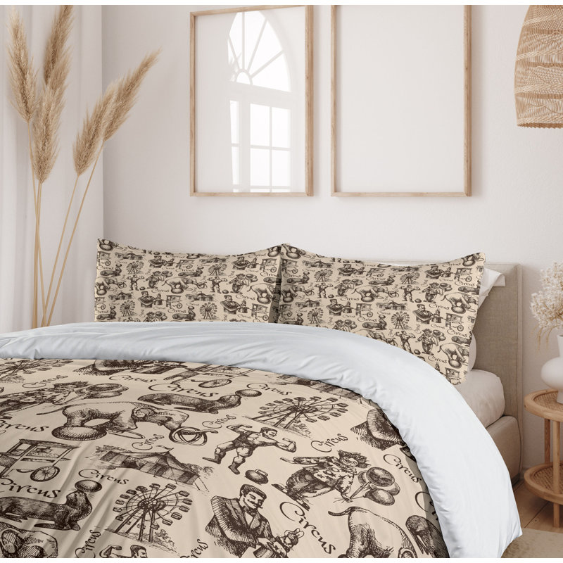 Beige Dark Brown Circus Sketch King Microfiber Duvet Cover Set