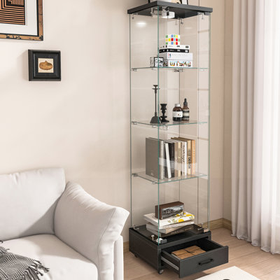 Modern Black Tempered Glass Storage Case With Drawer And Led Lighting, 4 - Tier Design For Collectibles In Living Bedroom Areas Cabinet 13 Colour Lights, Dining Rooms