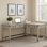 Bureau de coin en L Gery avec plateau relevable, USB, bois blanc