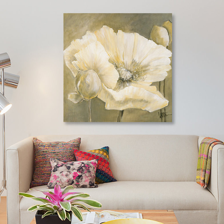 «Poppy in White II», impression sur toile, H 18 po x l 18 po x P 1,5 po, Toile avec cadre noir, Pas de tapis