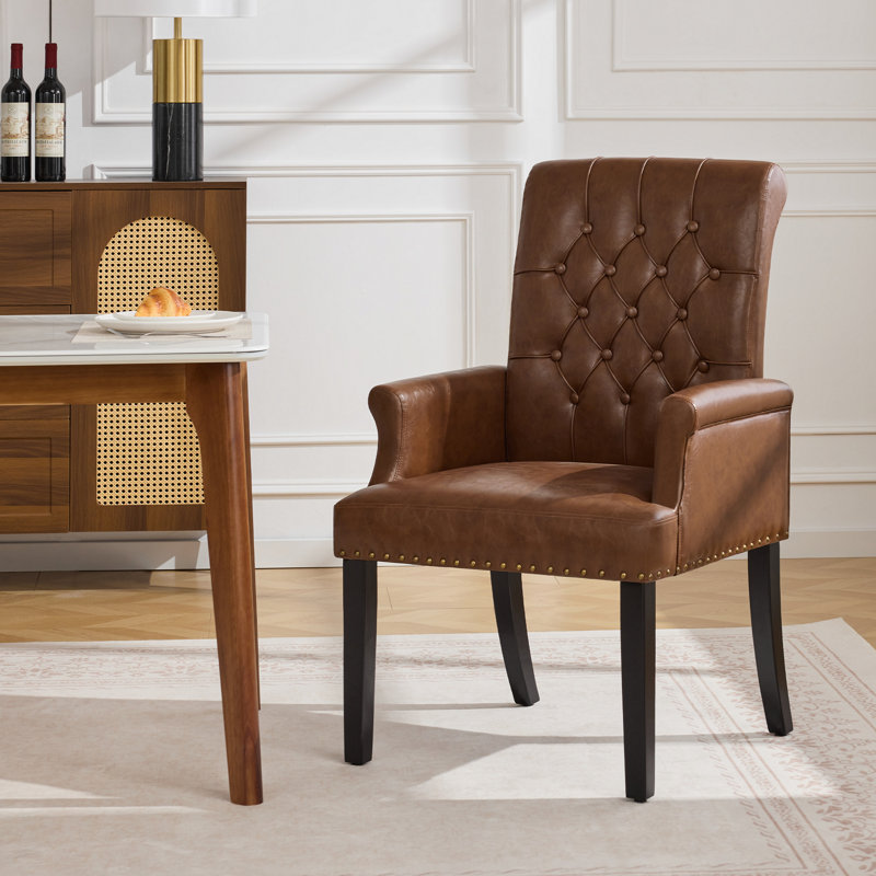 Fauteuil capitonné rembourré à dossier haut, similicuir, Similicuir café
