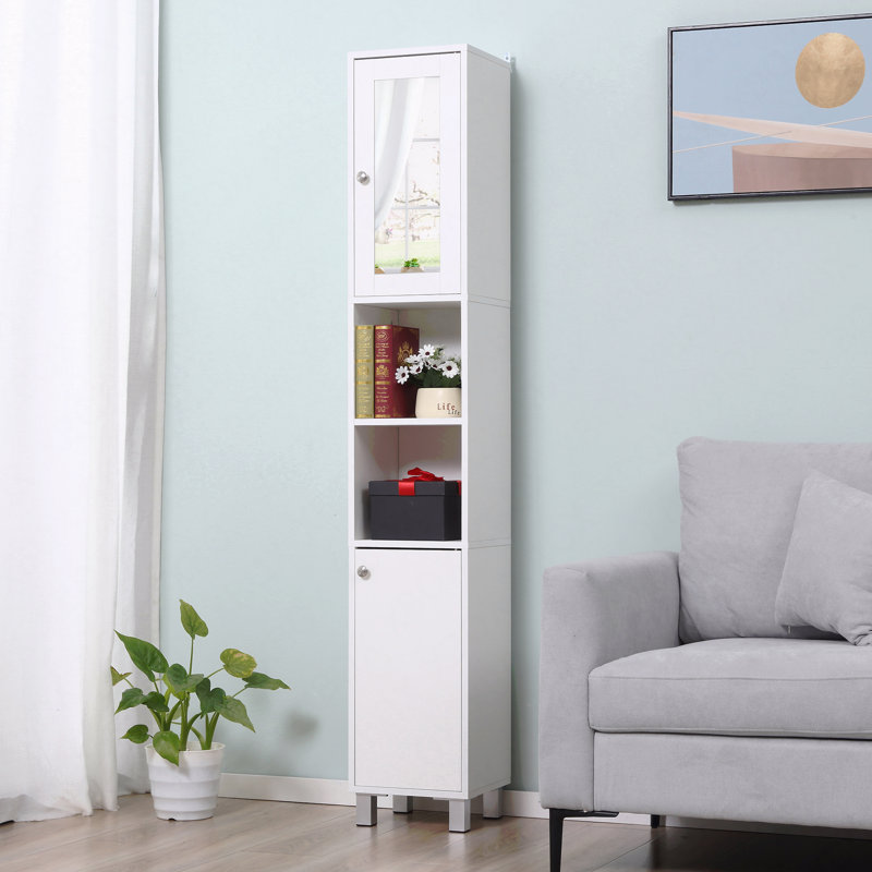 Armoire de rangement pour salle de bain avec miroir, armoire autoportante en bois avec tablettes réglables