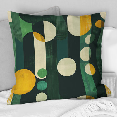 Coussin décoratif vert et jaune avec motifs géométriques Mid-Century