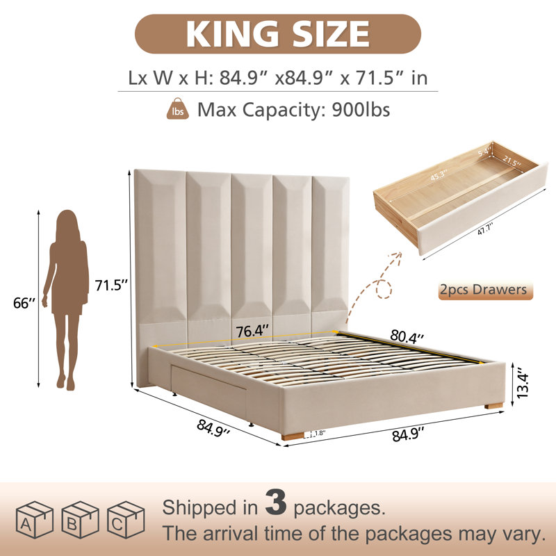 Juanetta 71.5" Tall Headboard Upholstered Platform Bed With 2 Wood Large Storage Drawers, King, Beige