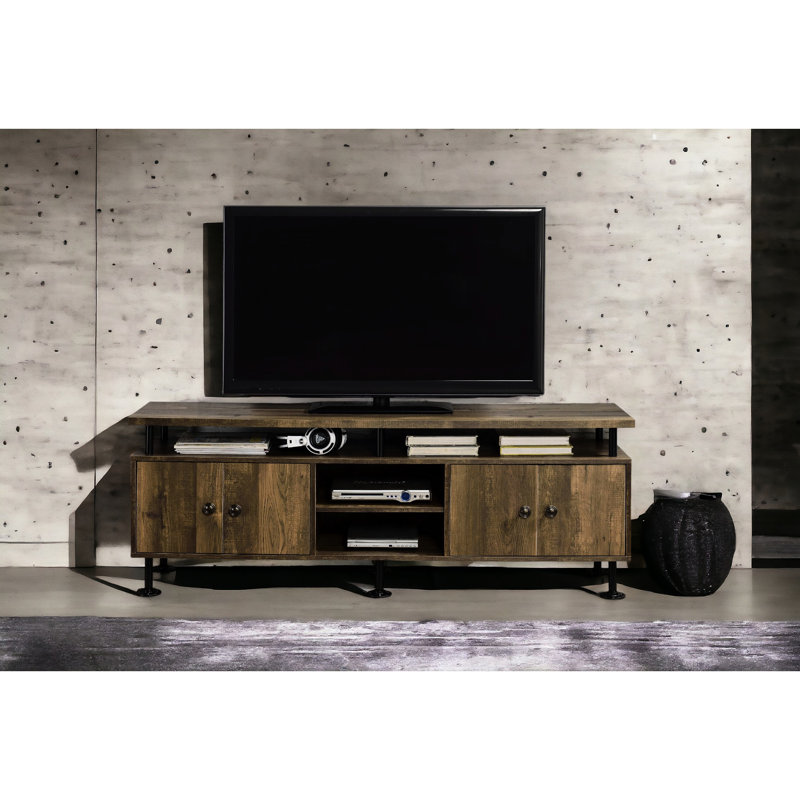 Meuble télé rustique en chêne rustique et noir avec 4 compartiments de rangement ouverts pour porte de téléviseurs de 50 à 59 pouces, cadre, rangement à écran plat