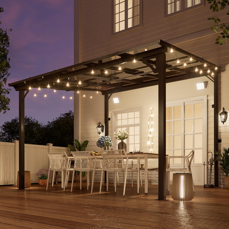 Yardgracewall Mounted Lean To Metal Awnings With Sloped Roof, Solar Light, 98" H x 120" W x 120" D