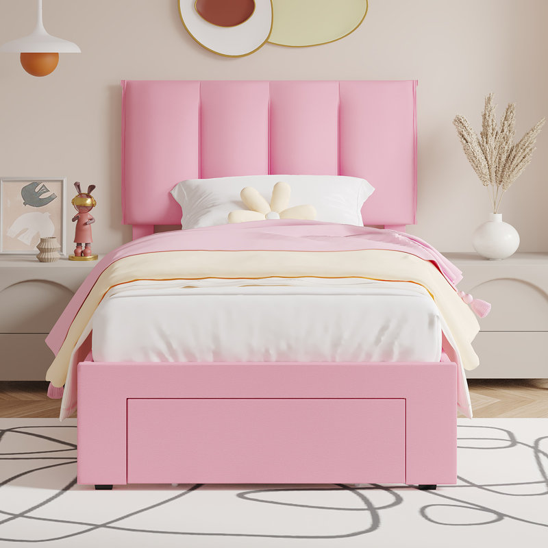 Structure de lit simple avec tiroir de rangement Cahlin, Rose, Simple