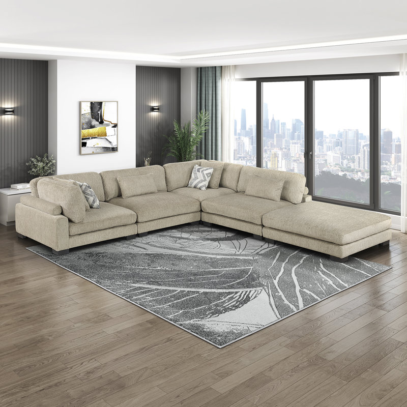  Brinsley 135" Modern Modular Sectional with Microfiber Fabric, Included Ottoman & 6 Pillows, Brown Microfiber