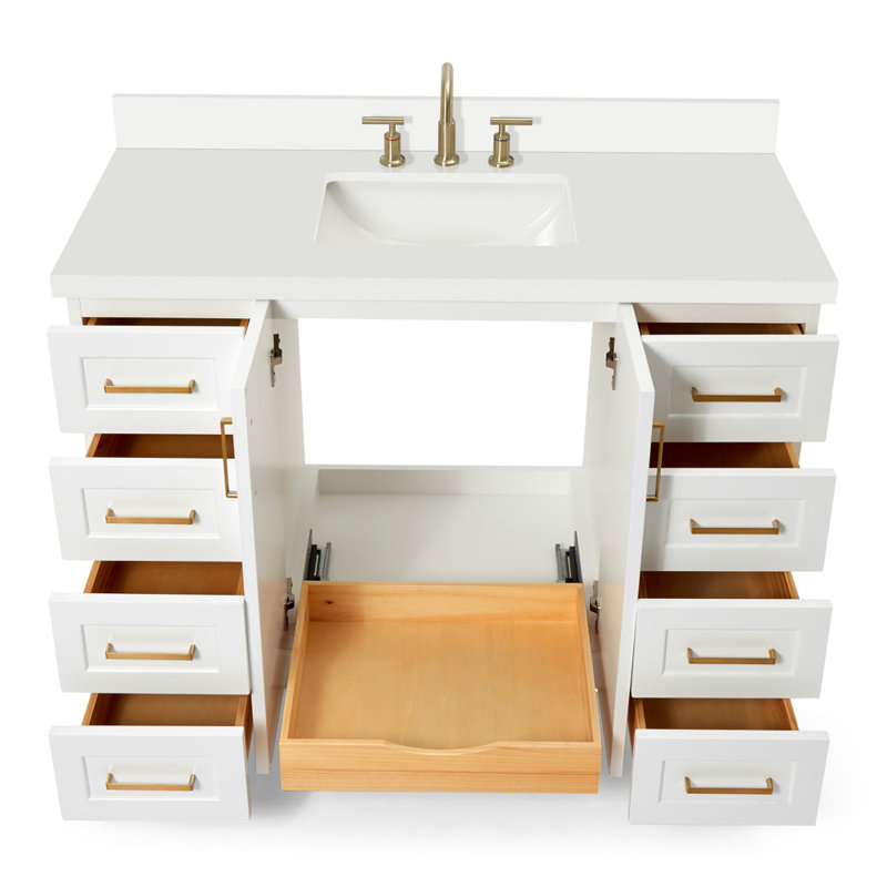 Freitas 48'' Solid Wood Single Bathroom Vanity, White, Rectangle, White Quartz