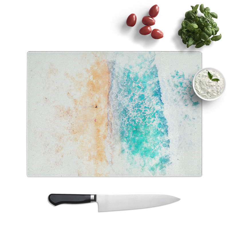Tempered Glass Walking upon Lampuuk Beach Watercolour Chopping Board, 20 cm x 28.5 cm
