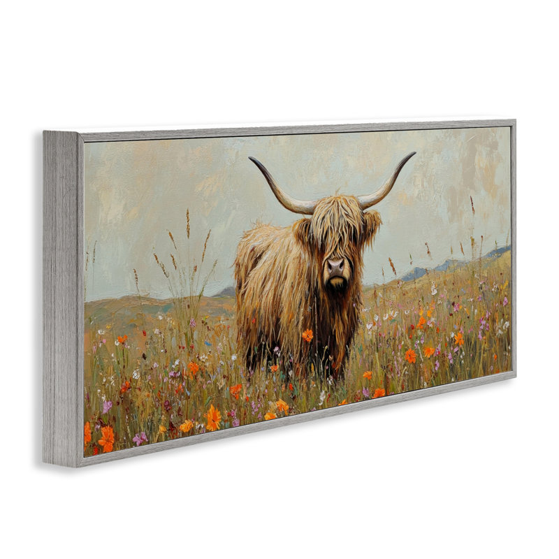 Giclée encadrée de longhorn et de fleurs sauvages, design par Petal Prints Design, H 13 po x l 30 po