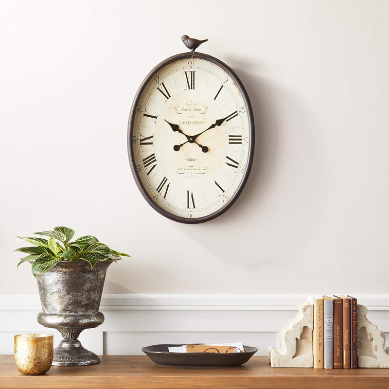 Antique Bronze Oval Metal Wall Clock with Bird