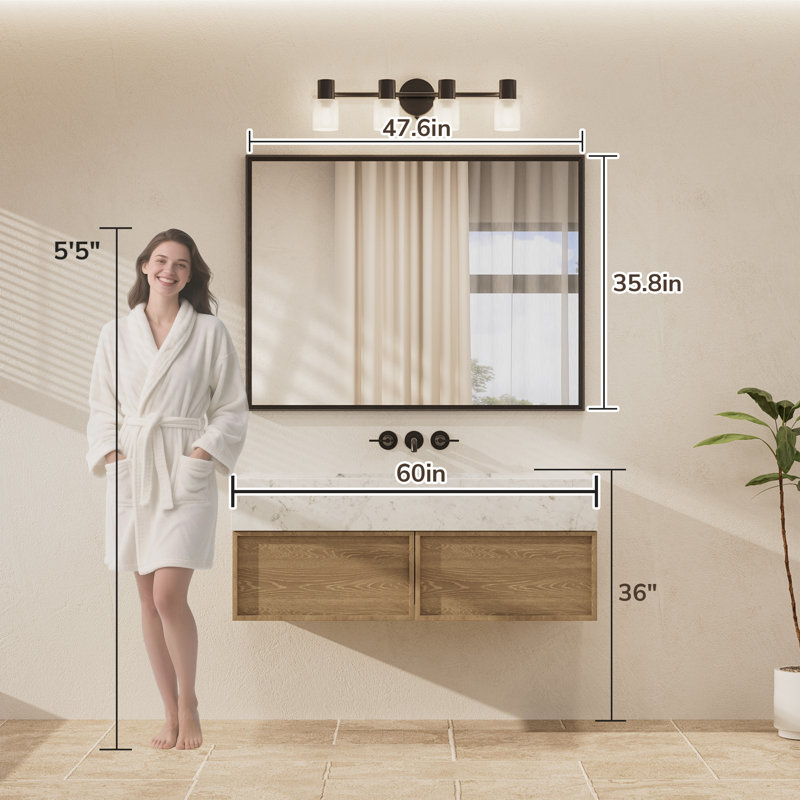 Miroir de salle de bain rectangulaire, Noir mat, 48 po x 36 po
