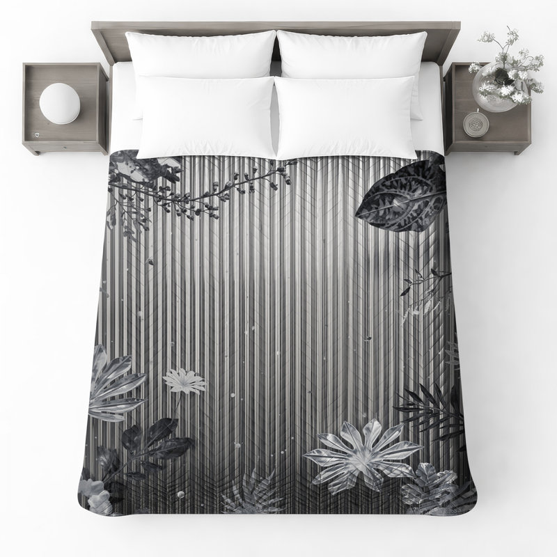 Monochrome Tropical Foliage Quilted Bedspread All Sizes, Full / Double