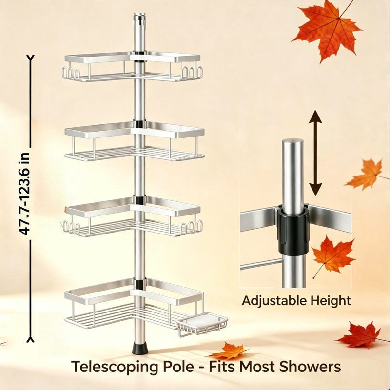 Support de douche télescopique en métal robuste à quatre niveaux, réglable en hauteur de 47,7 pouces à 123,6 pouces, blanc