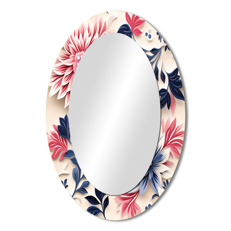 Grand miroir mural ovale sur fond métallique en damas bleu et rose, H 36 po x l 24 po
