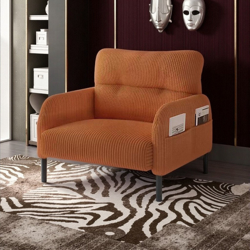 Corduroy Accent Chair with Ergonomic Design with Side Pockets, Solid Wood Frame, Orange