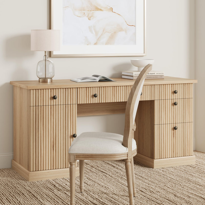 Fluted Home Office Desk Storage, 60" Modern Executive Desk with Charging Station, Wooden Computer Writing Desk with File Cabinet & Drawers for Study Room (Burlywood, 60''L x 21.6 "D x 30" H)