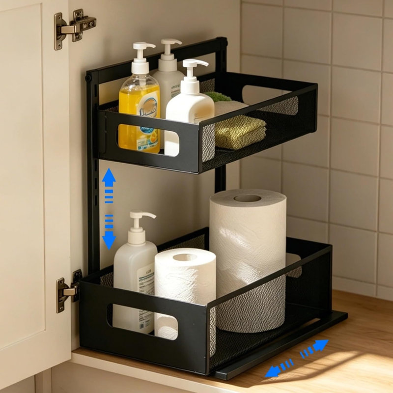Metal Under Sink Storage Organizer, 2-tier Pull Out Organizer Rack with Sliding Drawer Adjustable Height for Kitchen, Bathroom