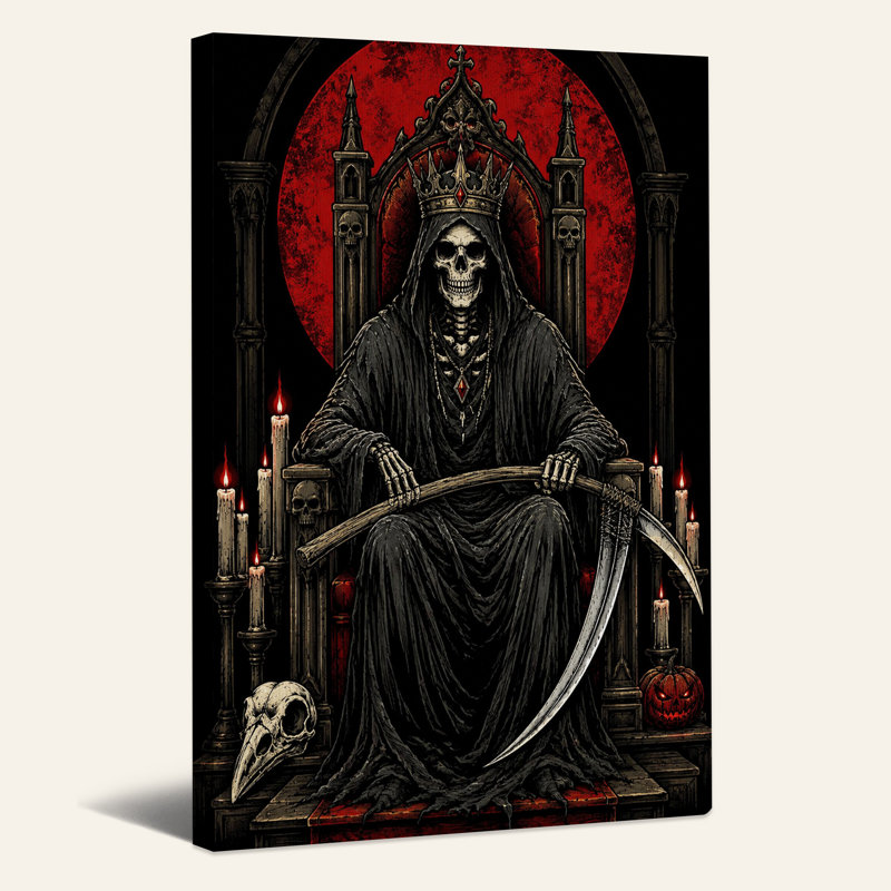 Art mural sur toile, "Skeletal King" sur trône gothique avec lune rouge, H 48 po x l 36 po