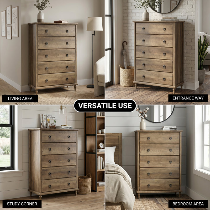 Aleana 31.2" W Solid Wood Tapered Legs 5-Drawer Chest of Drawers