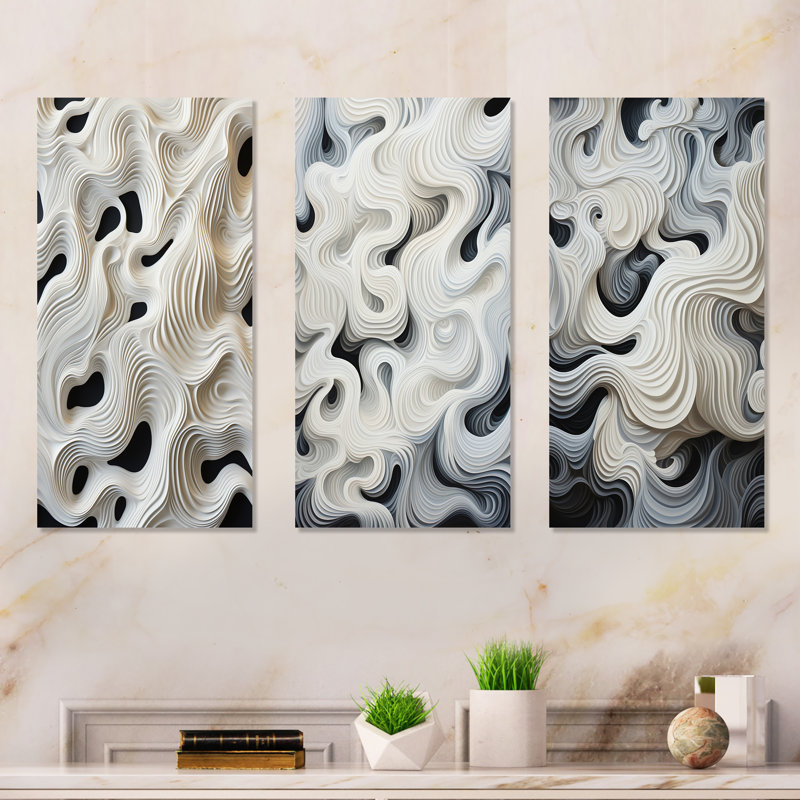 Monochromes Op Art vagues noires et blanches - spirales abstraites en métal, ensemble de 3, H 28 po x l 36 po
