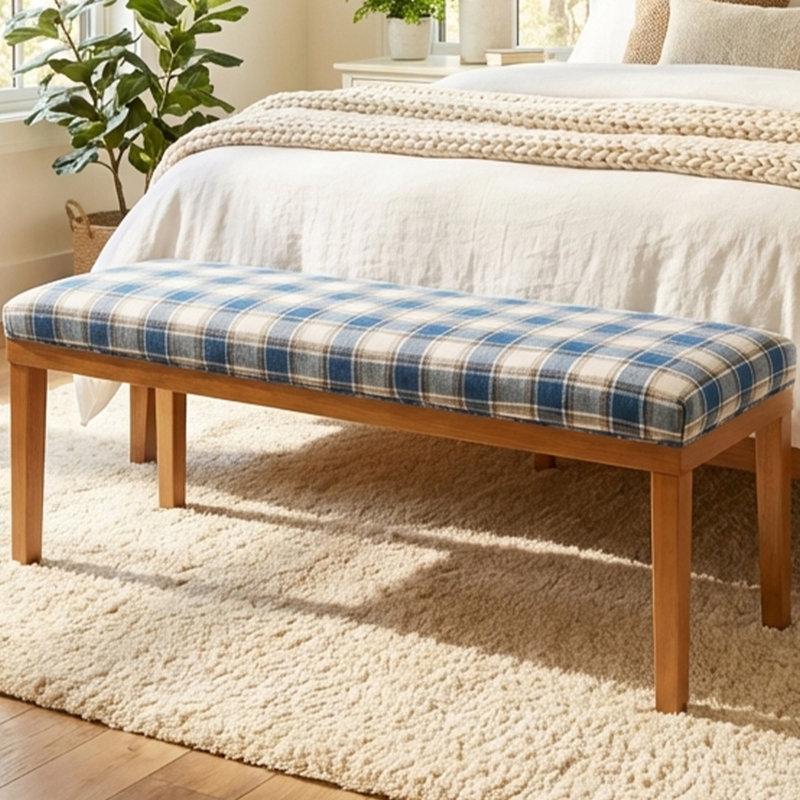 53'' W End Of Bed Bench Upholstered With Wooden Legs For Bedroom, Blue Gingham Linen Cushion Seat, Blue Gingham