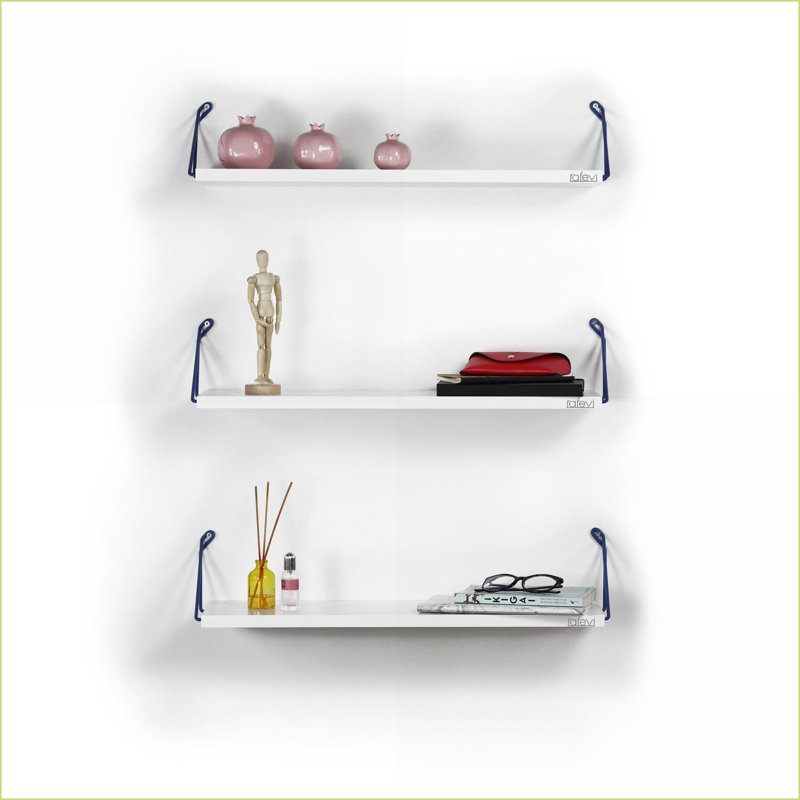 Tablette flottante murale rustique à trois tablettes, ivoire et amp; Bleu ciel | Blanc | Bois massif