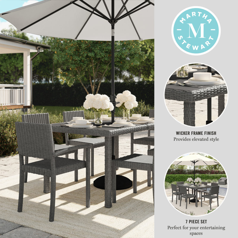 Gray Engineered Wood Top 7-Piece Dining Set with Rattan Wicker Chairs