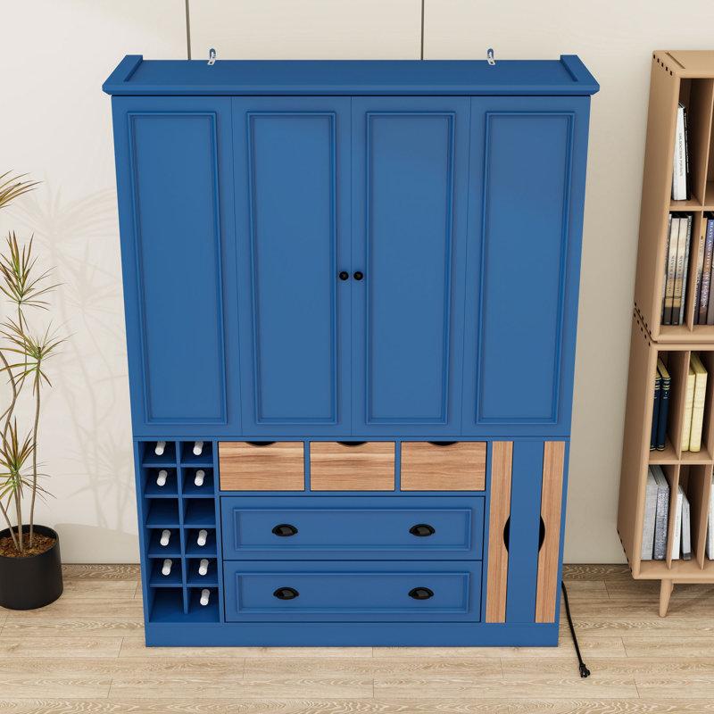 Garde-manger avec tiroirs, ports USB, tablettes et supports à vin, Bleu