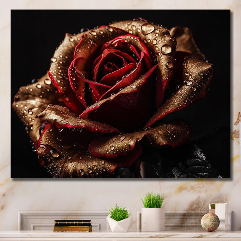 Morning Dew On Exquiste Red Rose - Art mural rose, Toile tendue, H 34 po x l 44 po x P 1,5 po