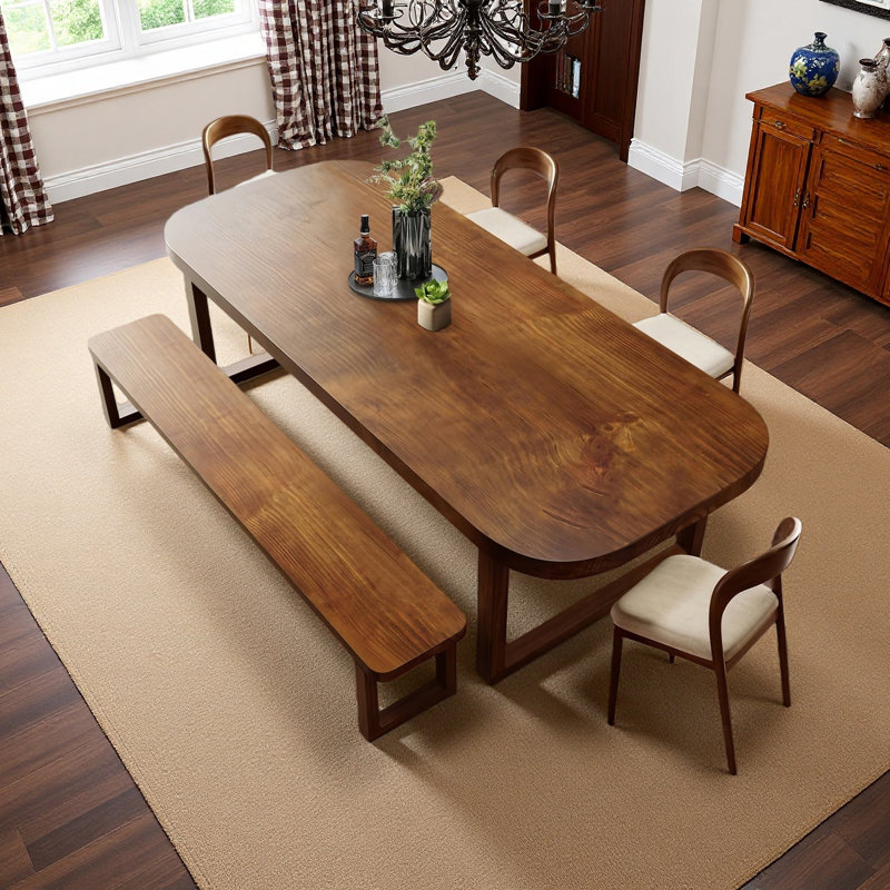 Modern Rustic Solid Wood Rectangular Dining Table Set, 6 Pieces: Table, Bench, 4 Chairs, 29.53" H x 86.61" W x 35.43" D