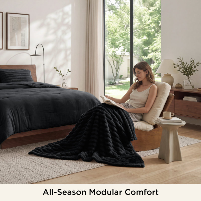 Bedsure Queen 2-in-1 Comforter Set with Detachable Fluffy Blanket – Black SnapTech Design Bed-in-a-bag, All-Season Bedding Set(Set of 6)