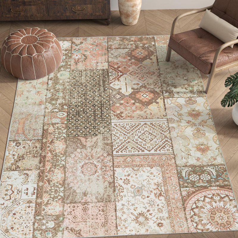 Tapis brun clair / rose Bohemian, Rectangulaire 3 pi x 5 pi