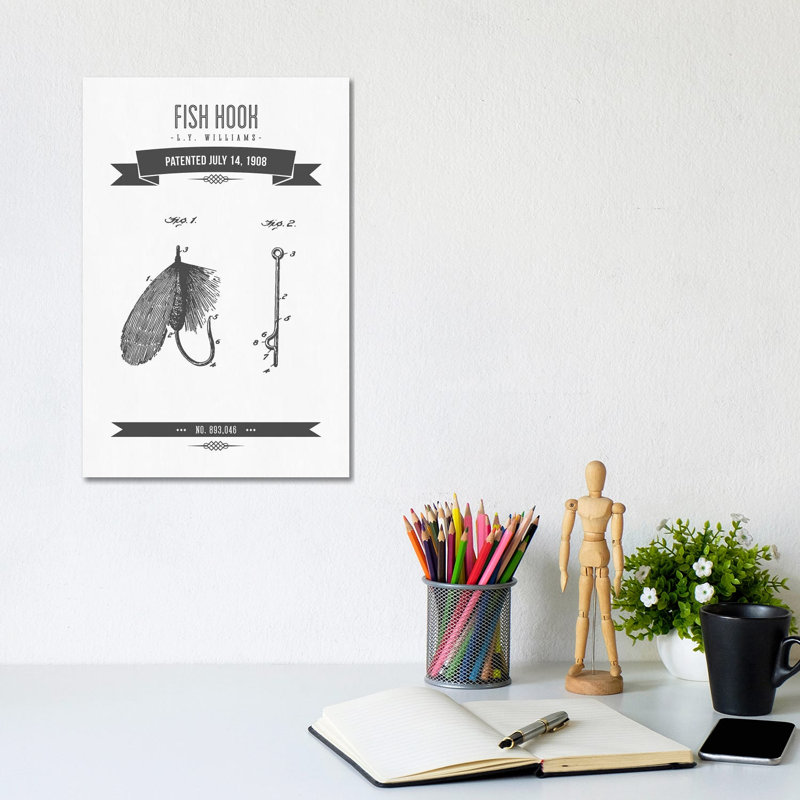 L.Y. Williams Fish Hook Patent Sketch Retro (Charcoal) by Aged Pixel - Wrapped Canvas Print