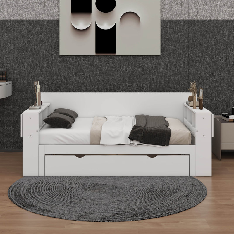 Queen Size Daybed With Removable Desk, Storage Drawers And Hydraulic Side Table, White, Queen