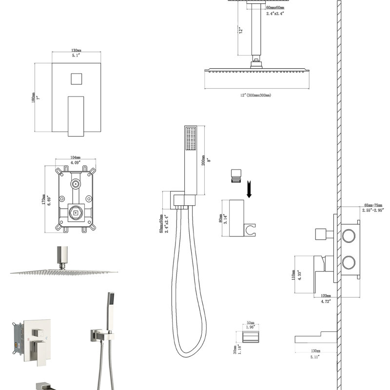 Shower System With Waterfall Tub Spout - 12 Inch Ceiling Mount Square Brushed Nickel 3 Function, Rainfall & Handheld Valve Quick And Simple Installation Cleanliness Speedy Clean