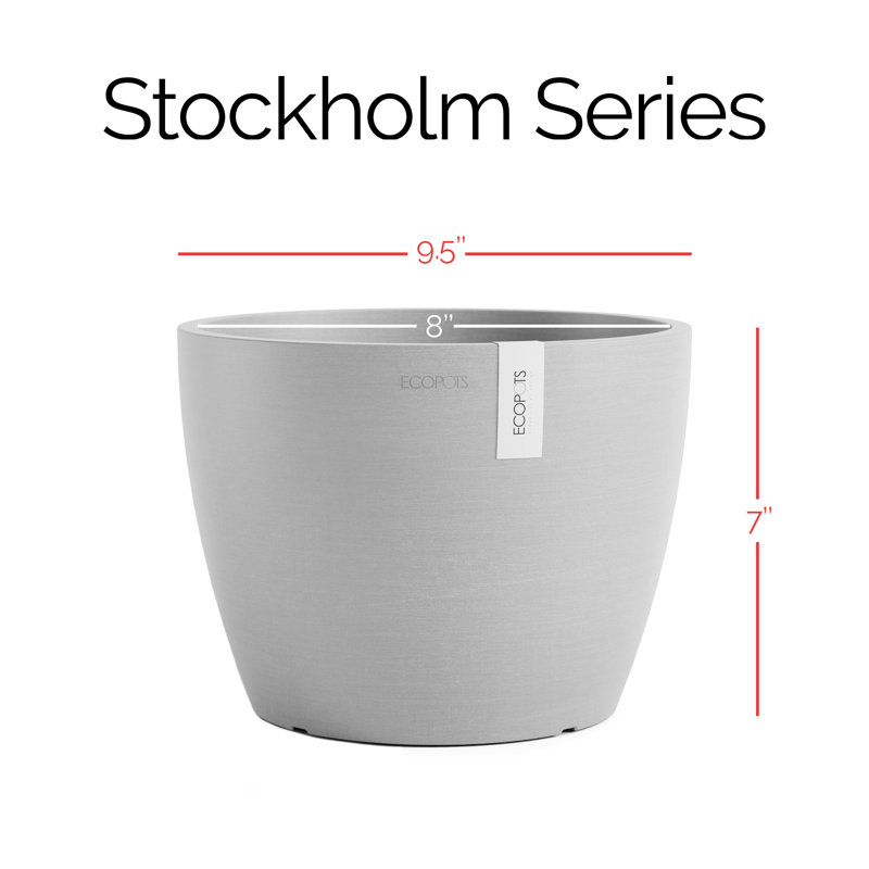 Ecopots Stockholm Indoor/Outdoor Modern Recycled Plastic Flower Pot Planter, White Gray, 7" H x 9.5" W x 9.5" D