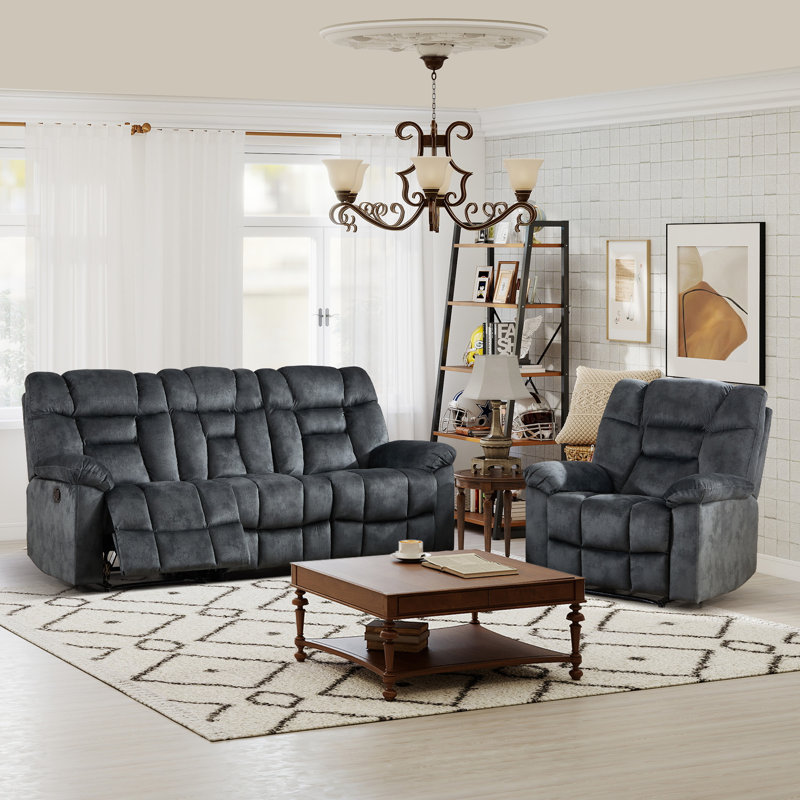Ensemble 2 pièces de fauteuil inclinable manuel contemporain avec fauteuil inclinable et canapé 3 places, Gris foncé