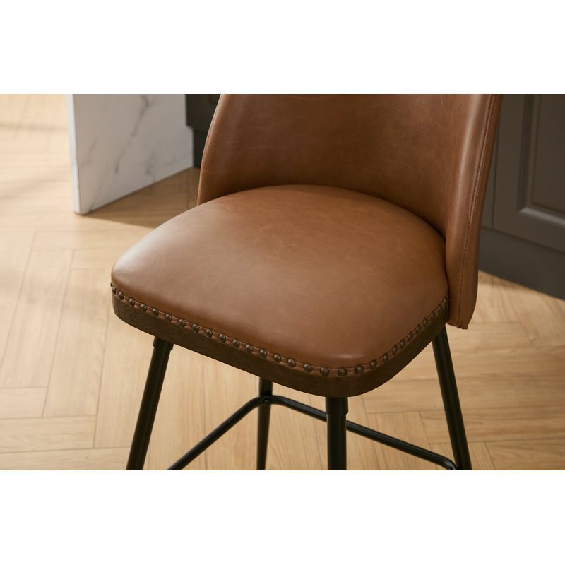 Modern 26" Swivel Faux Leather Upholstered Counter Stool with Wood Trim, Brown, 2