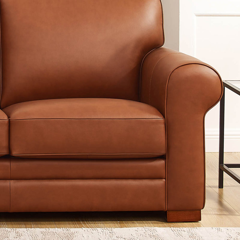 Cinnamon Brown Tufted Leather Loveseat with Wood Feet