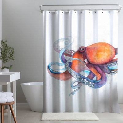 Colorful Octopus – Blue Illustrative Animals – Polyester Shower Curtain, Dye Sublimation Print, 71" W × 74" L