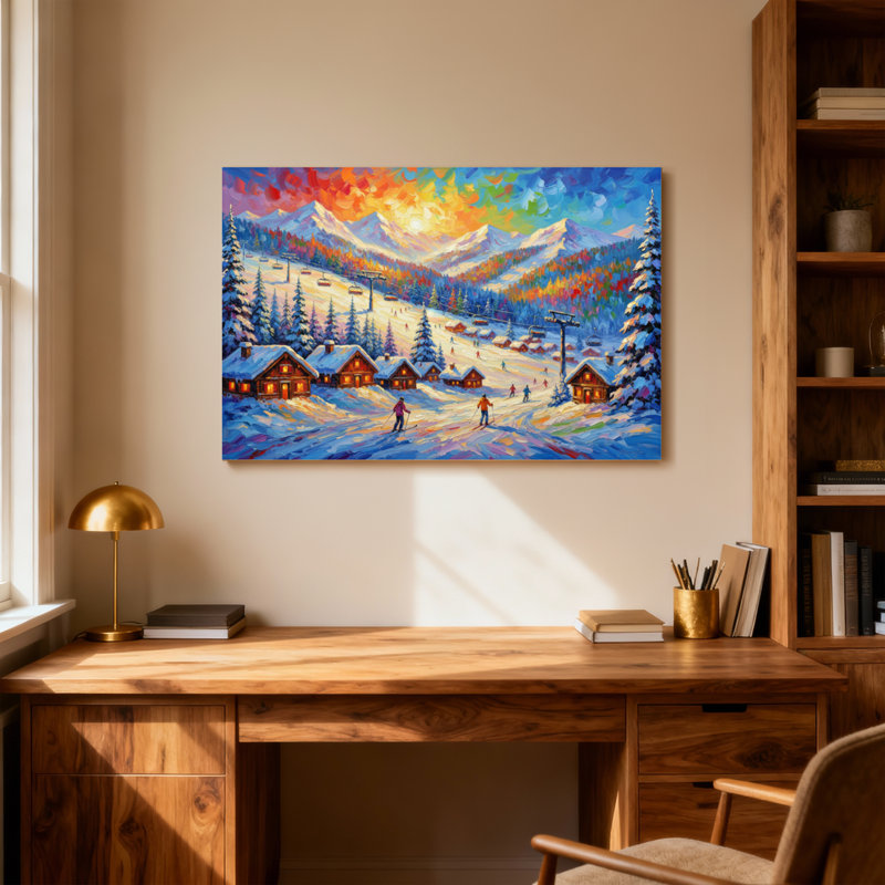 Landscape & Nature Winter Mountain Ski Resort Scene With Cabins, 12" H x 18" W