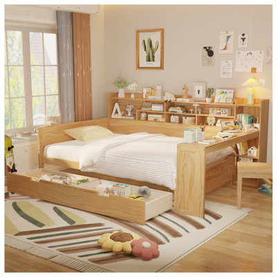 Lit de jour naturel avec bureau d'étude intégré, base de lit en bois multifonctionnelle avec tablettes et tiroirs de rangement pour enfants et adolescents