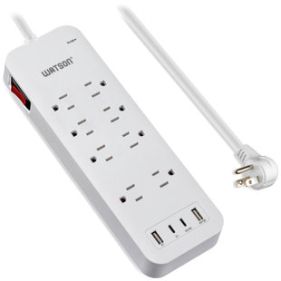 Multiprise 8 prises de courant Watson avec 4 ports USB (2 USB-C, 2 USB-A), 2450 Joules, cordon de 6 pi, montage mural, noir Watson
