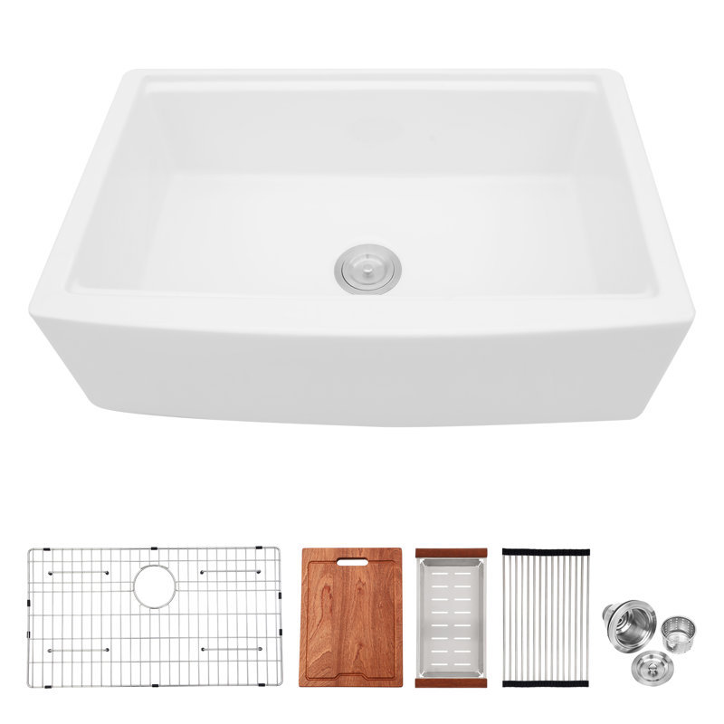 White Farmhouse Sink Workstation - 33 Inch White Ceramic Single Bowl Farm Kitchen Sink