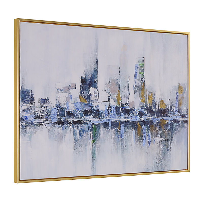 Art mural moderne encadré 36 x 47 pouces avec cintre en dents de scie bleu moderne, H 36 po x l 47 po x P 1,4 po, Cadre doré