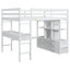 Lit mezzanine double avec bureau intégré avec deux tiroirs et tablettes et tiroirs de rangement, blanc