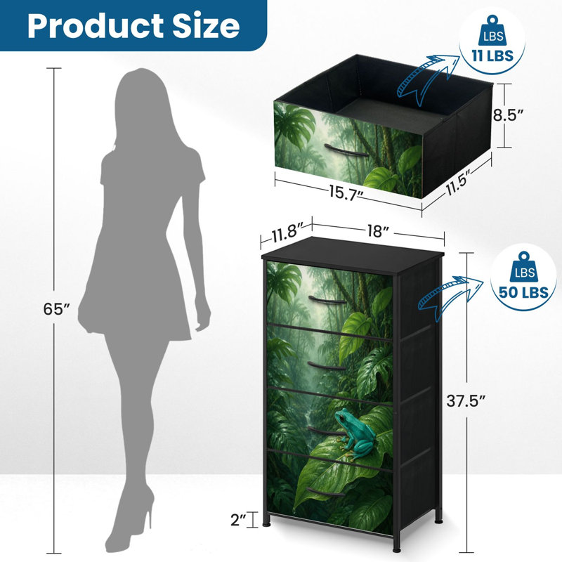 Commode 4 tiroirs pour chambre à coucher, commode étroite, plateau en bois et structure de bureau en fer 18 po x 37,5 po (lxH) - avec impression de forêt tropicale brumeuse