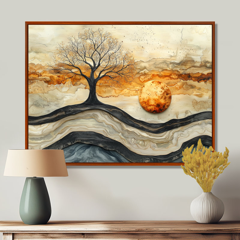 Abstrait arbres d'hiver sur une rivière en bois cristal - arbre de vie, art mural, H 16 po x l 32 po, Floater Framed, Brun